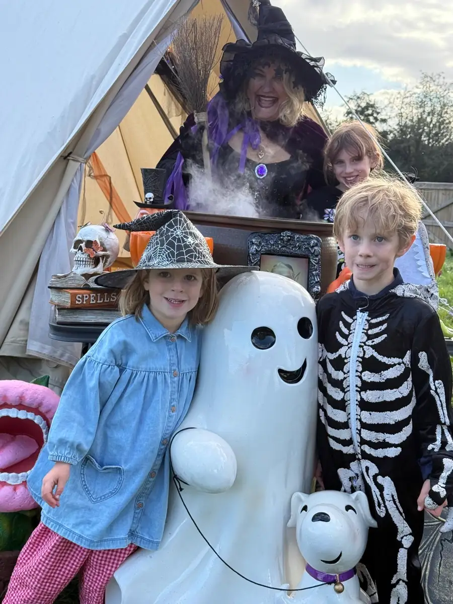 Children in costume with Witch Hazel at Riverside Valley's Halloween on the Farm